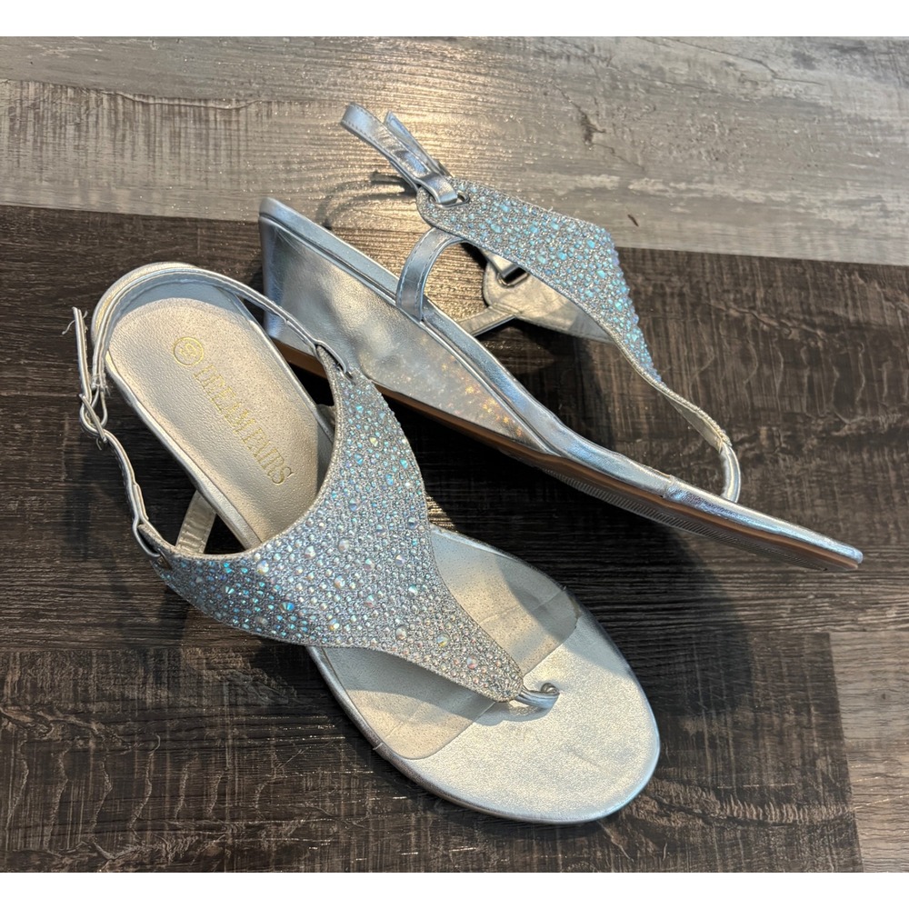 Dream Pairs Aditi-New Silver Rhinestone Wedge Sandals Metallic T-Strap Size 10